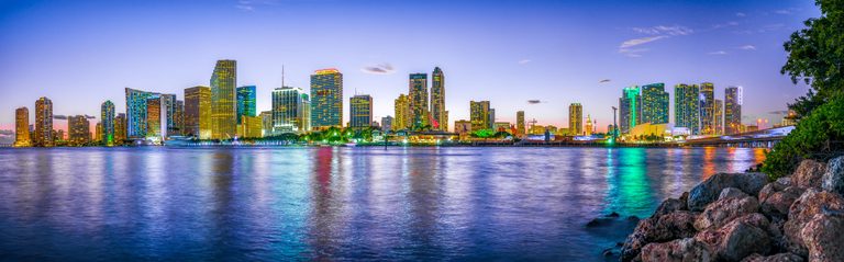 Downtown Miami's illuminated skyline stretches across the bay at twilight, with colorful reflections on blue water and rocks and foliage framing the right foreground.