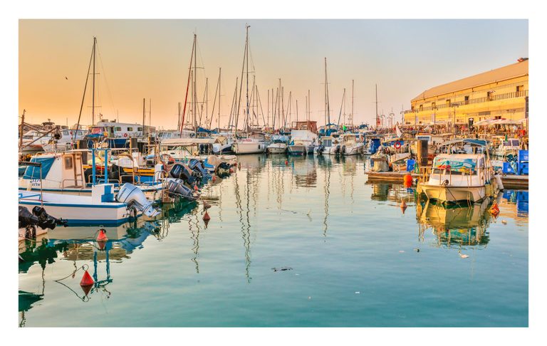 Fishing boats and sailboats fill a harbor, their masts reflected in calm turquoise water beside a waterfront building glowing in warm sunlight.