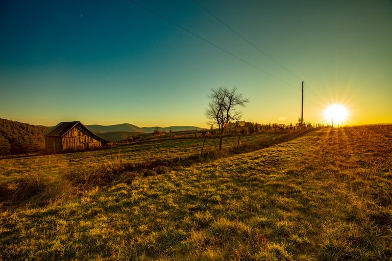 Low golden sunlight stretches across a fenced grassy hillside beside a weathered wooden barn, a leafless tree, and utility poles, with distant hills and a small crescent moon overhead.
