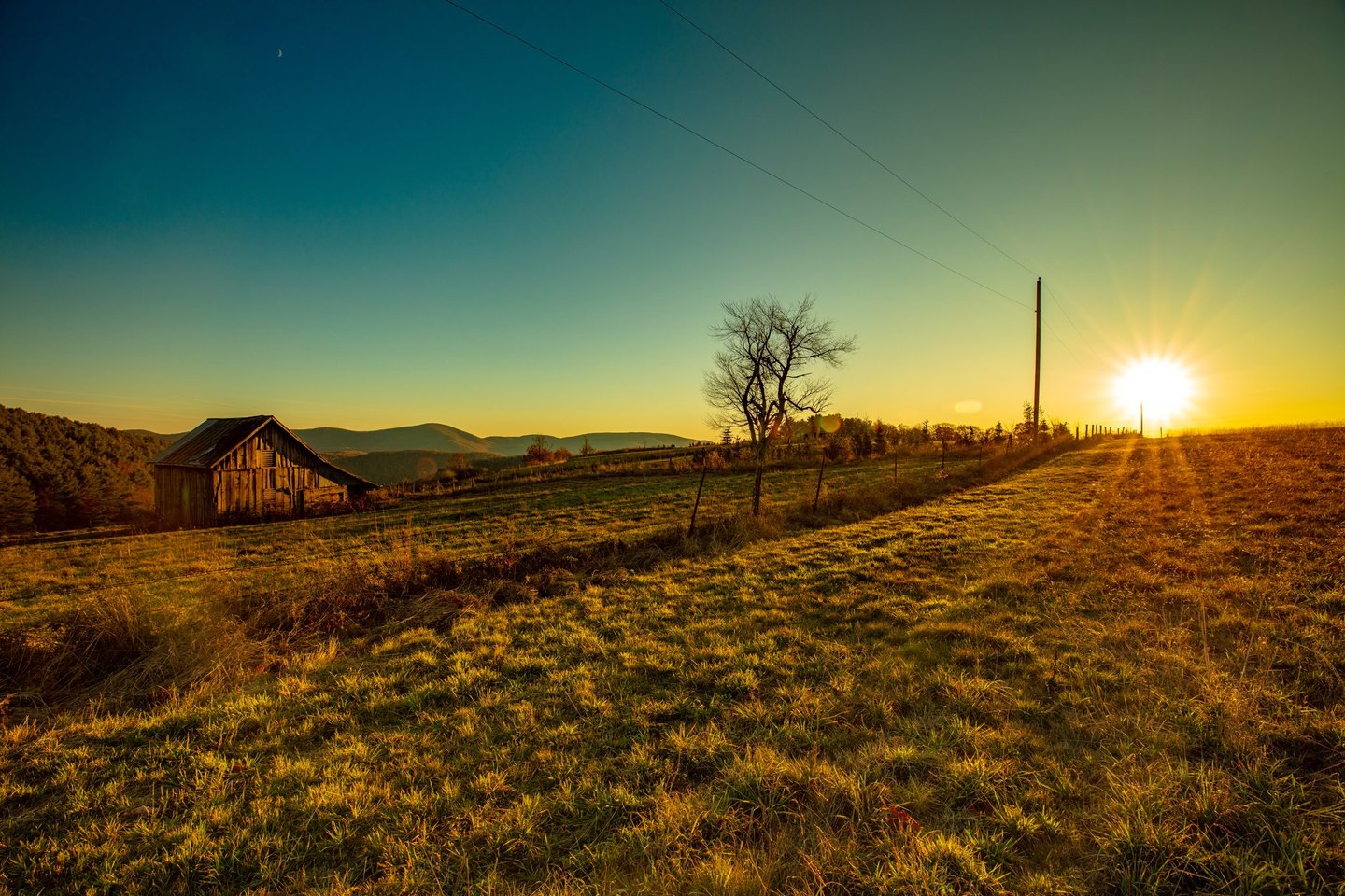 Low golden sunlight stretches across a fenced grassy hillside beside a weathered wooden barn, a leafless tree, and utility poles, with distant hills and a small crescent moon overhead.