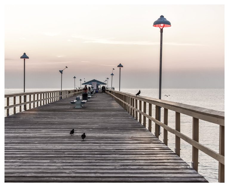 A wooden fishing pier lined with benches and lamps extends toward a small shelter beneath a pale pink sky, with birds in the foreground and people near the far end.