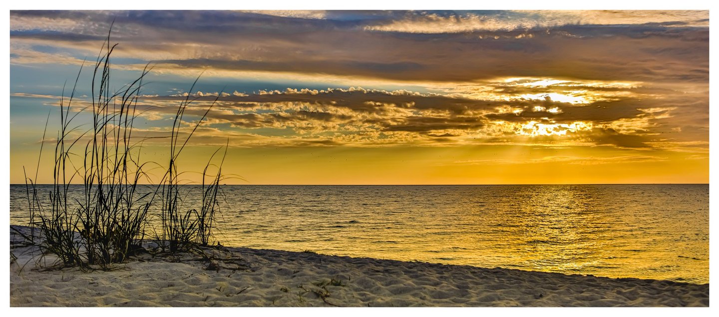 Tall beach grasses rise from a sandy foreground beside calm water, with golden sunlight breaking through layered clouds and reflecting across the surface.