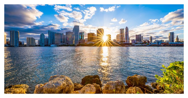 A low sun forms a golden starburst between Miami waterfront towers, reflecting across rippled water toward foreground rocks and green foliage.