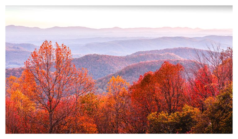 Vivid red and orange autumn trees overlook layers of forested mountain ridges fading into lavender haze beneath a pale sky.