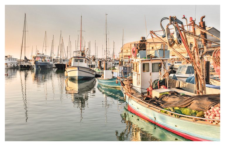 Fishing boats and sailboats sit moored in a sunlit harbor, with nets and metal rigging on a pale turquoise boat in the foreground and masts reflected in calm water.