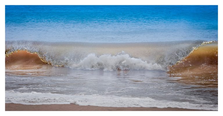 A wave with amber-brown curls breaks into white spray along a sandy beach, with bright blue water behind it.