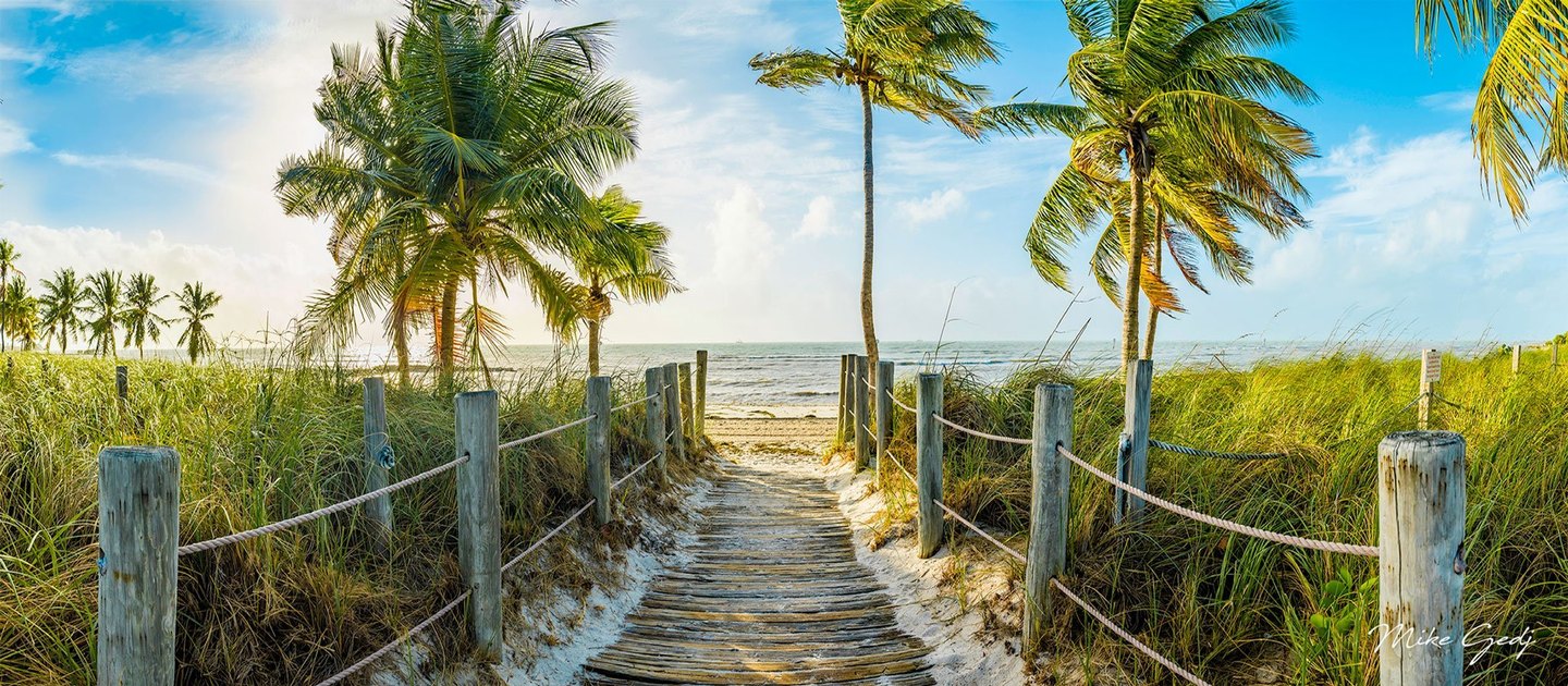 A sandy wooden walkway bordered by rope fences and dune grasses leads between palm trees to the ocean beneath a blue, cloud-streaked sky.