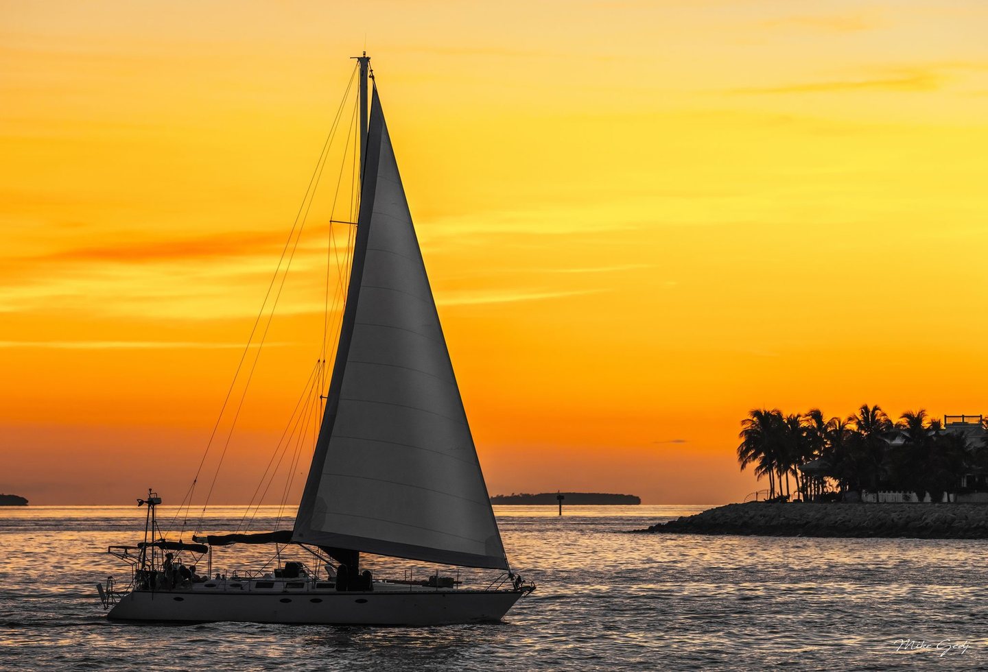 A sailboat with a tall triangular sail crosses rippled water beneath a golden-orange sky, with palm trees lining a rocky shoreline on the right.