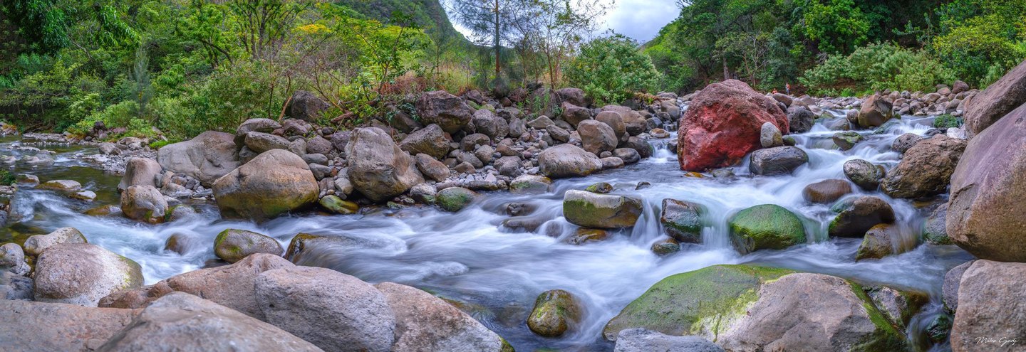 A panoramic forest stream cascades between rounded gray boulders and mossy stones, with a prominent red boulder near the far bank.