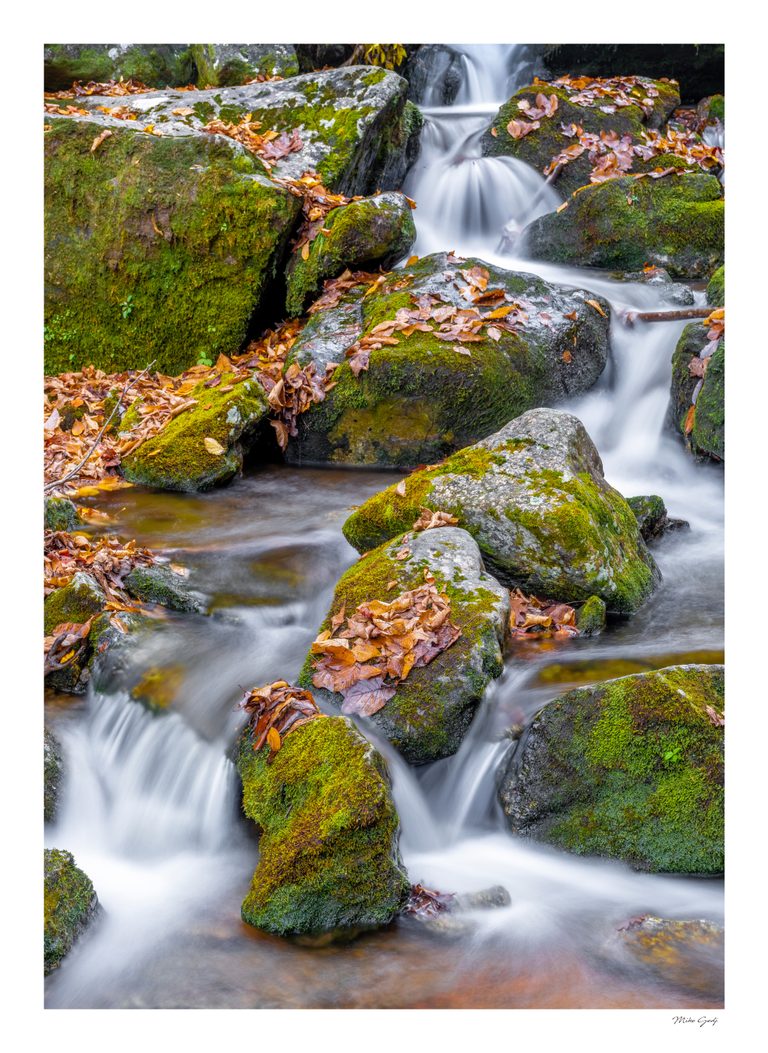 Silky white water cascades between moss-covered rocks scattered with orange and brown fallen leaves.