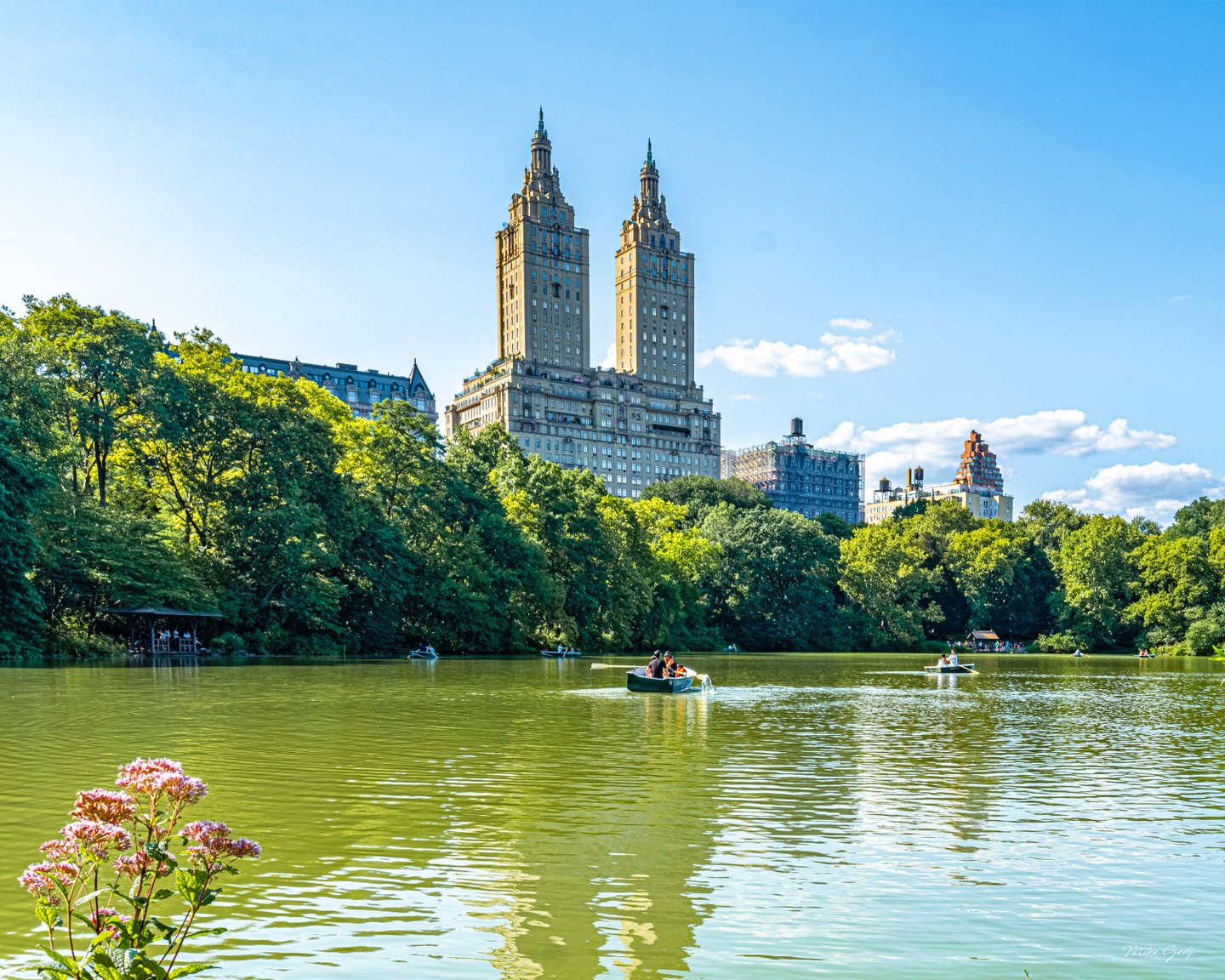 Rowboats cross a green lake beneath leafy trees and twin ornate towers, with pink flowers in the foreground.