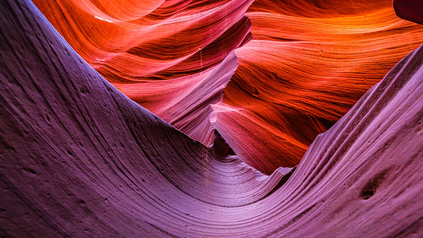 Curving, finely layered canyon walls glow orange and red above sweeping bands of purple shadow.