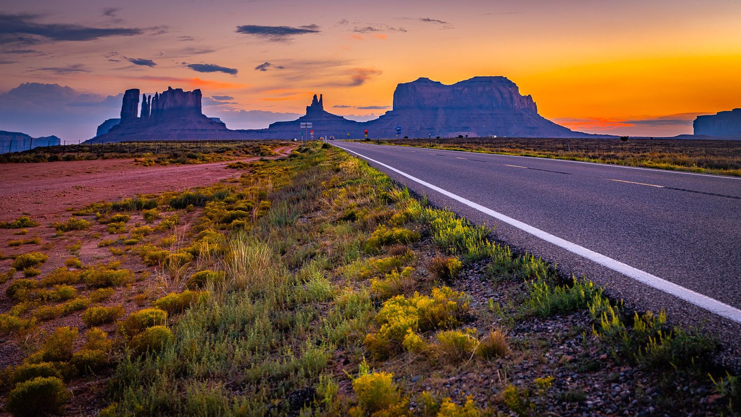 A paved road leads toward desert buttes beneath an orange and violet sky, with yellow flowers along the verge.