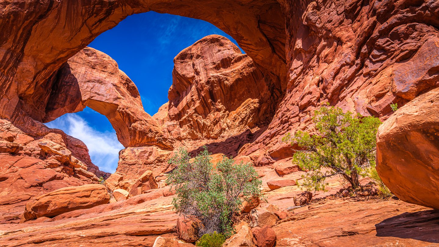 Red rock arches frame blue sky and wispy clouds above sloping stone, scattered boulders, and green shrubs.