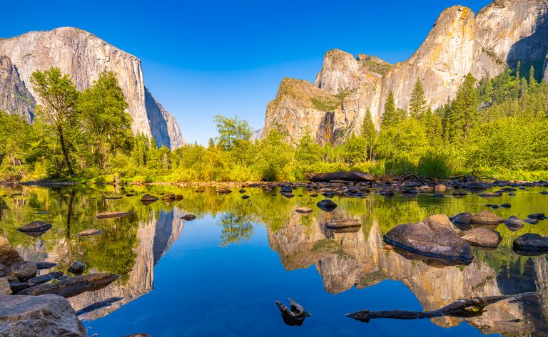 Sunlit cliffs and green trees reflect in a calm river scattered with rocks and fallen branches beneath a blue sky.