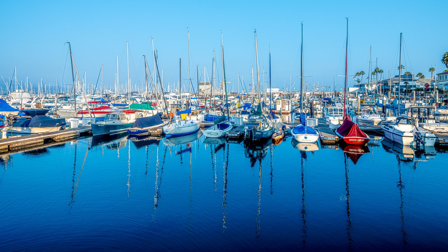 Sailboats and motorboats fill a sunny marina, their tall masts reflected in blue water beside waterfront buildings.