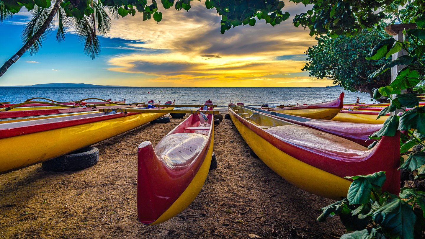 Red and yellow outrigger canoes rest on a sandy shore beneath leafy trees, facing blue water and a golden sky.