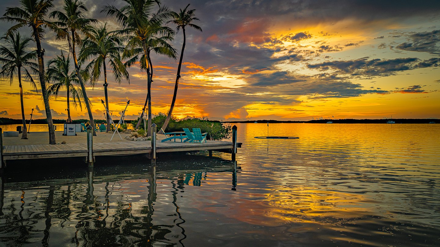 Palm trees and turquoise chairs line a wooden dock beside calm water reflecting a vivid golden sunset.