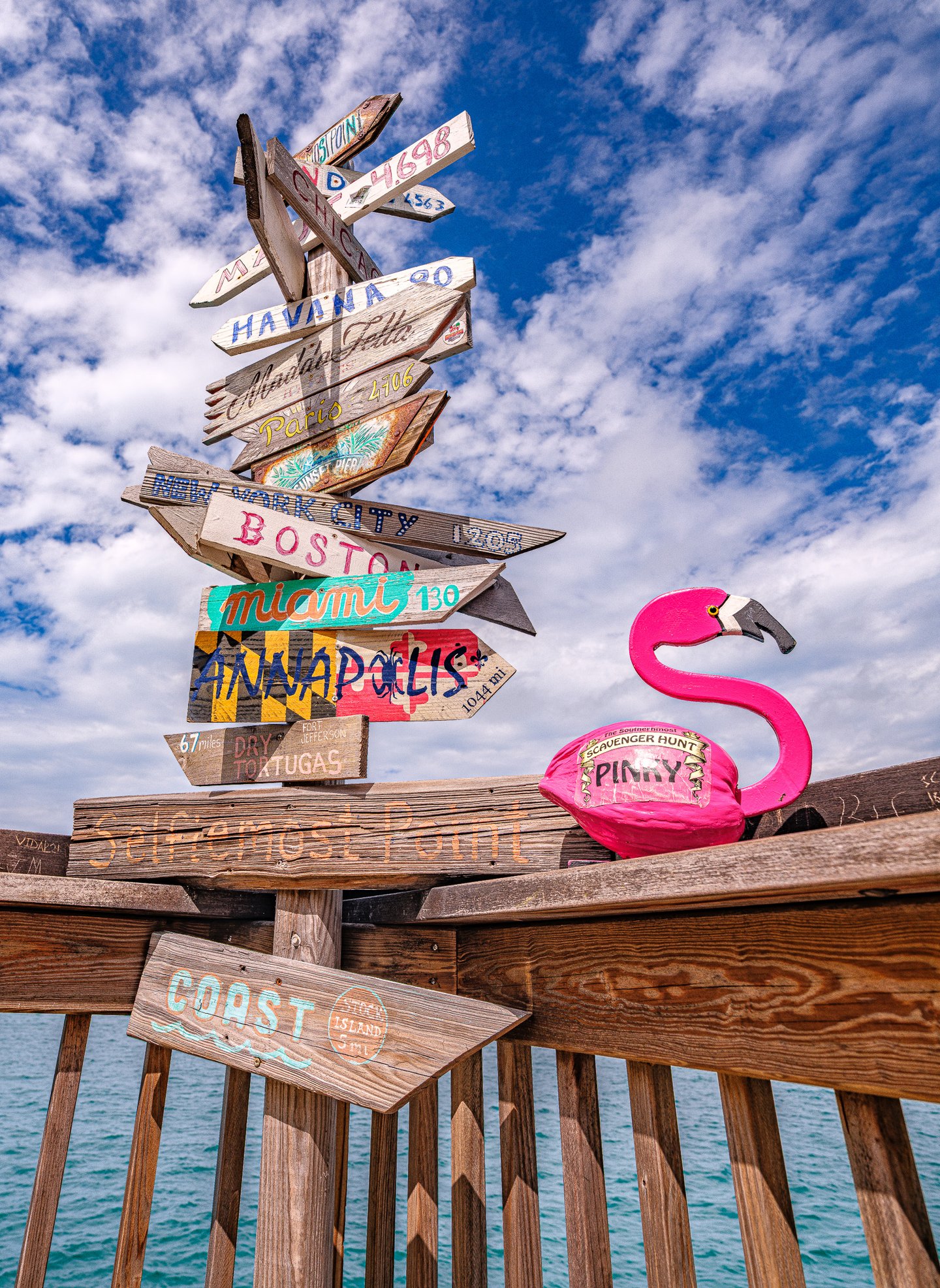 Colorful wooden direction signs and a pink flamingo ornament rise above a railing beside turquoise water.