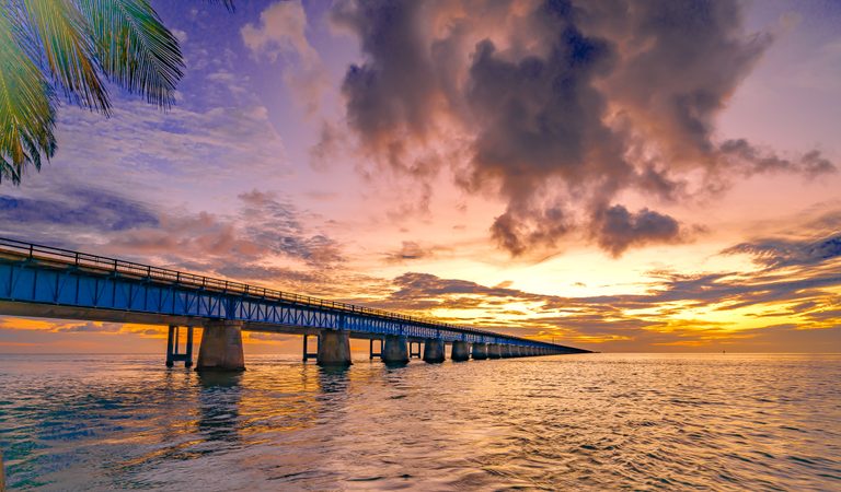 A long blue bridge crosses rippling water beneath gold and pink clouds, with palm fronds at the upper left.