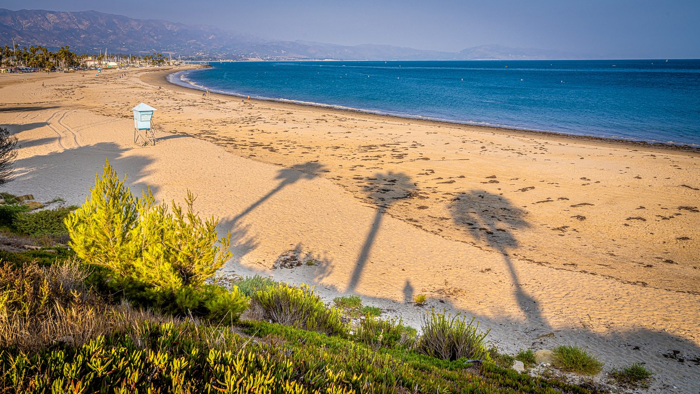 Long palm shadows cross a sandy beach beside blue water, with a pale blue lifeguard tower and mountains beyond.
